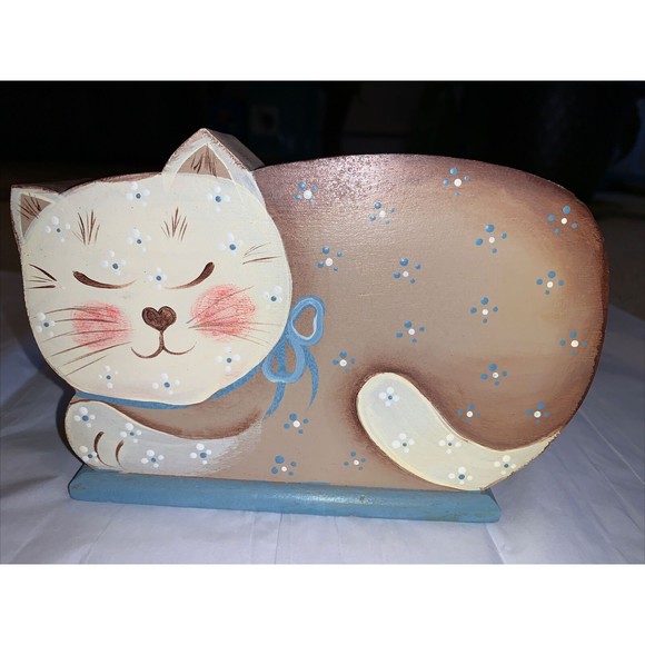 Vintage Folk Art Cat Carved Wood Bank Hand Painted Blue Flowers Tan Brown 6” - Picture 9 of 12